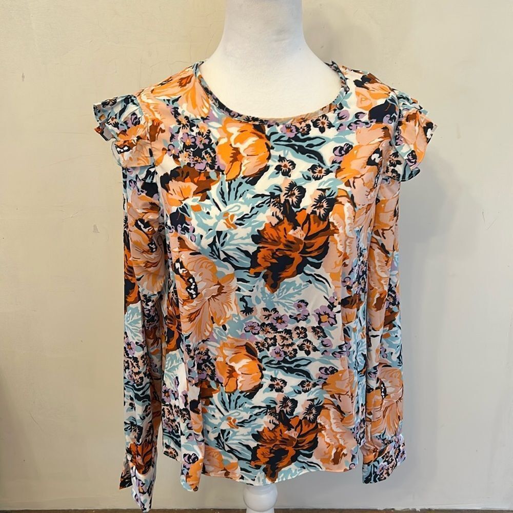 Porridge orange navy floral long sleeve ruffle blouse Size S EUC